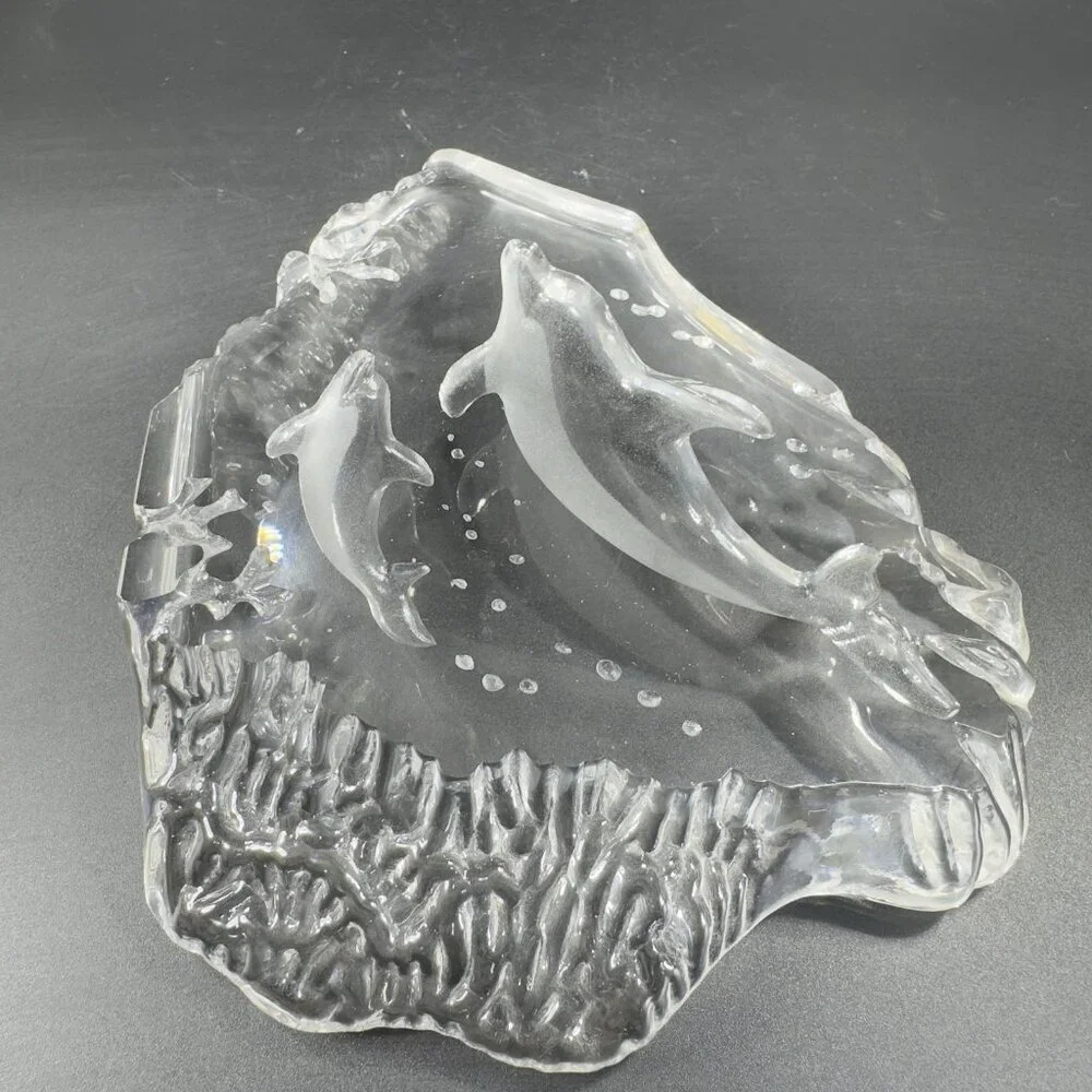 Vintage Clear Crystal Glass Plaque‎ Paperweight Dolphins Figurine Decorative VTG